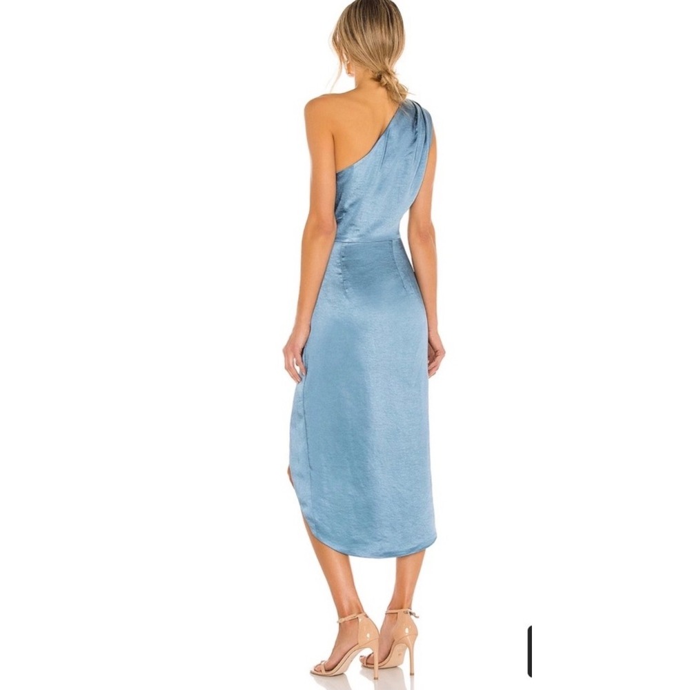 ELLIATT Reception Dress Dusty Blue One Shoulder Satin Ruched Midi Size L‎ - Picture 3 of 16